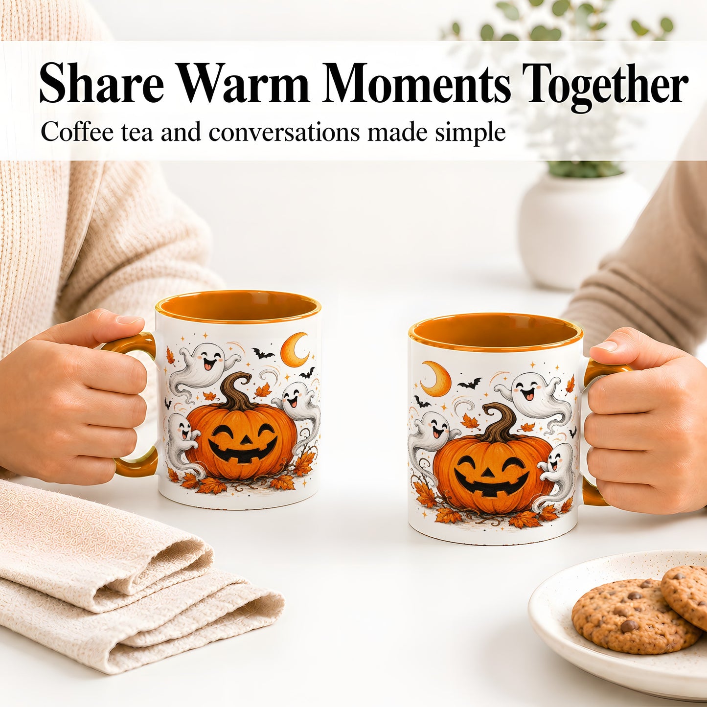 #pl[11oz|Orange] Cute Pumpkin Ghost Ceramic Mug, Halloween Art for Autumn Fans