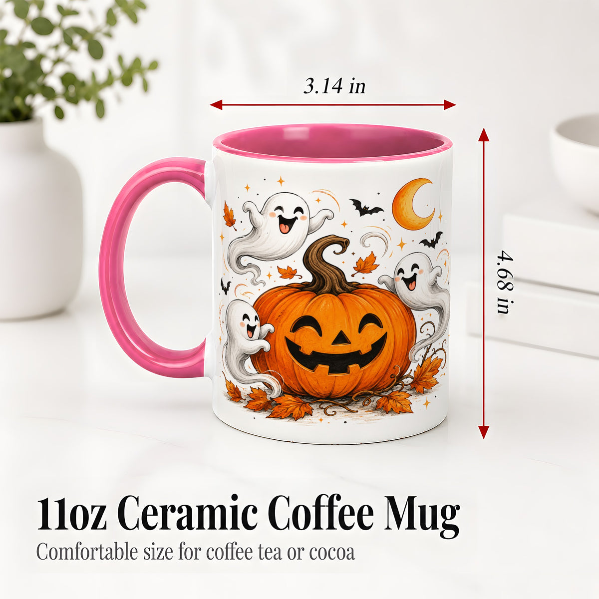 #pl[11oz|Pink] Cute Pumpkin Ghost Ceramic Mug, Halloween Art for Autumn Fans