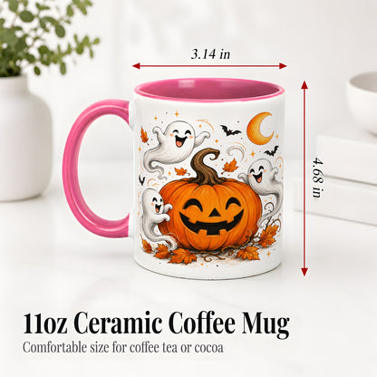 #pl[11oz|Pink] Cute Pumpkin Ghost Ceramic Mug, Halloween Art for Autumn Fans
