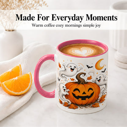 #pl[11oz|Pink] Cute Pumpkin Ghost Ceramic Mug, Halloween Art for Autumn Fans