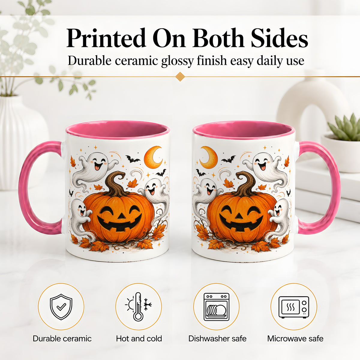 #pl[11oz|Pink] Cute Pumpkin Ghost Ceramic Mug, Halloween Art for Autumn Fans