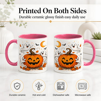 #pl[11oz|Pink] Cute Pumpkin Ghost Ceramic Mug, Halloween Art for Autumn Fans
