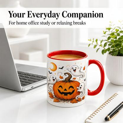 #pl[11oz|Red] Cute Pumpkin Ghost Ceramic Mug, Halloween Art for Autumn Fans