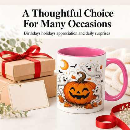 #pl[11oz|Pink] Cute Pumpkin Ghost Ceramic Mug, Halloween Art for Autumn Fans