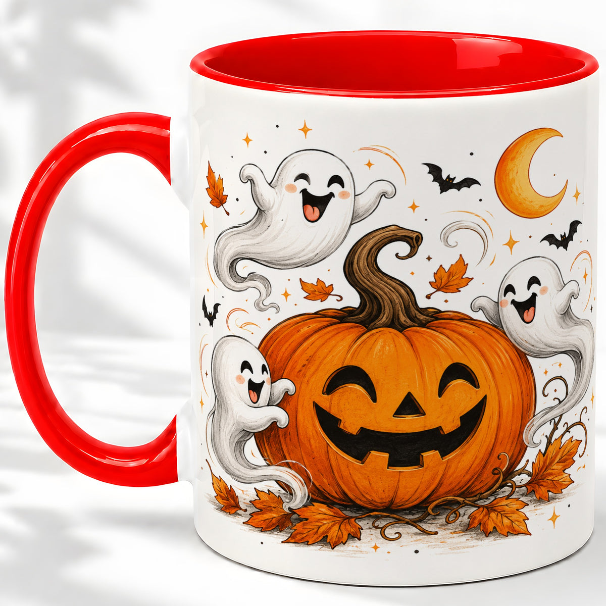 Cute Pumpkin Ghost Ceramic Mug, Halloween Art for Autumn Fans