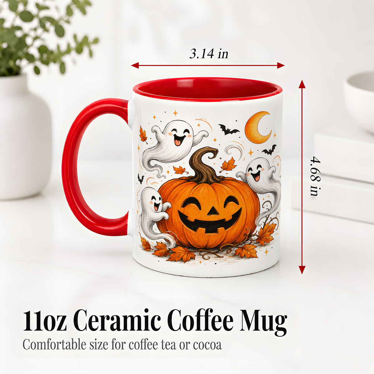 #pl[11oz|Red] Cute Pumpkin Ghost Ceramic Mug, Halloween Art for Autumn Fans