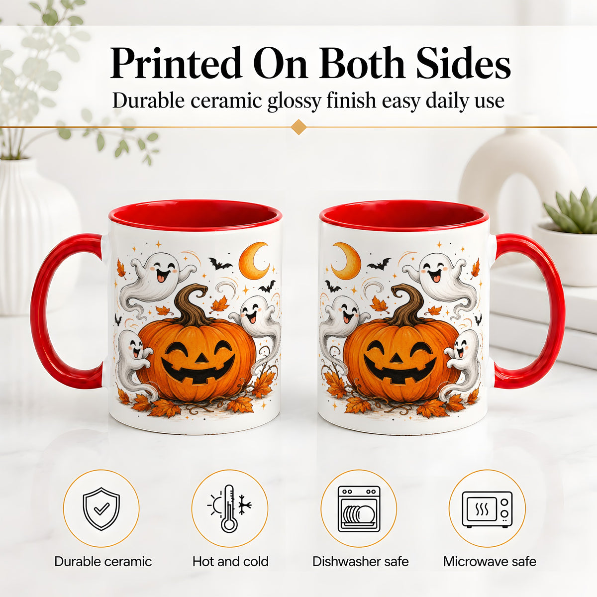 #pl[11oz|Red] Cute Pumpkin Ghost Ceramic Mug, Halloween Art for Autumn Fans