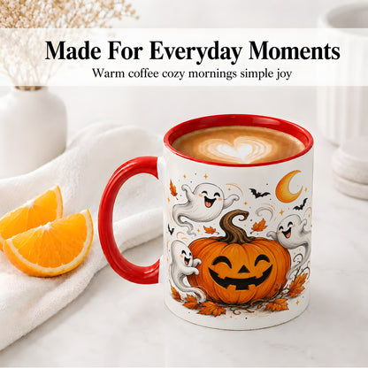#pl[11oz|Red] Cute Pumpkin Ghost Ceramic Mug, Halloween Art for Autumn Fans