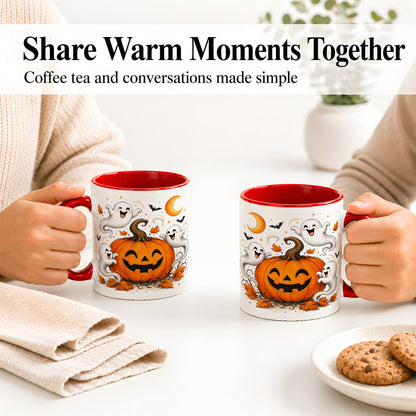 #pl[11oz|Red] Cute Pumpkin Ghost Ceramic Mug, Halloween Art for Autumn Fans
