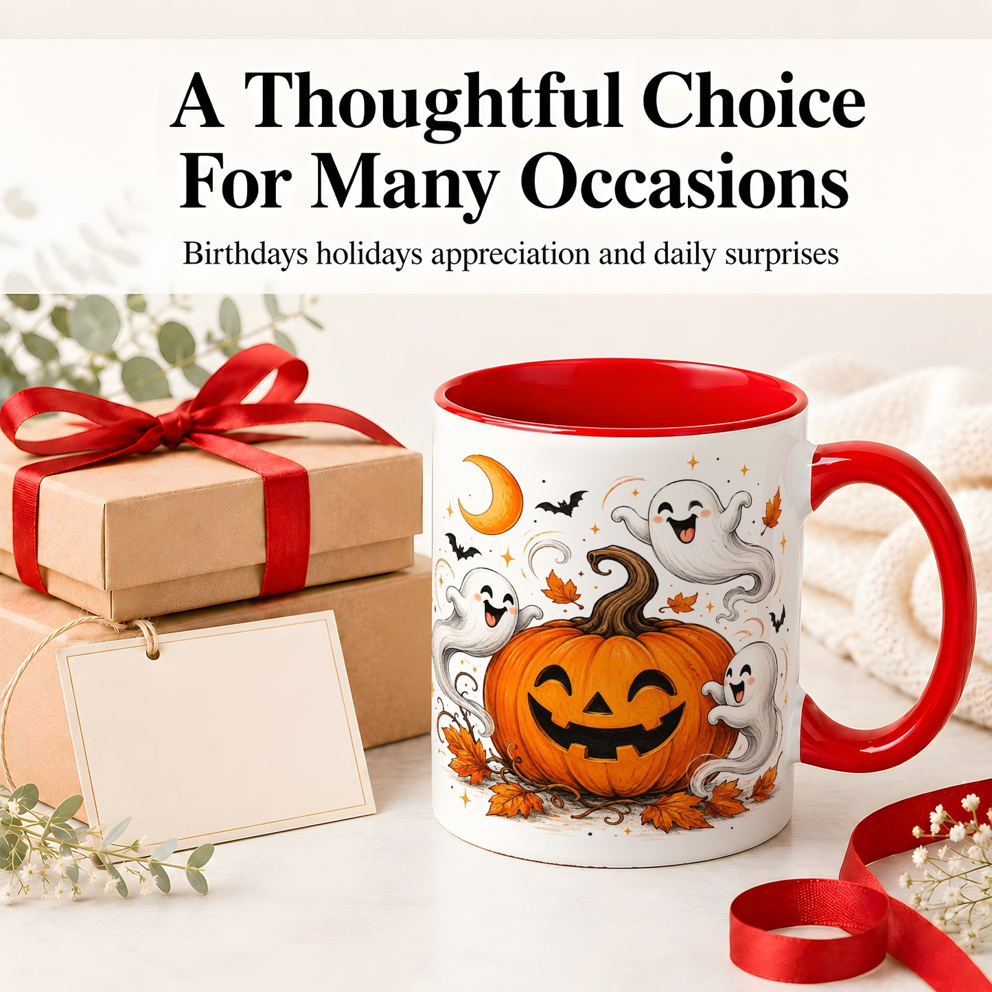 #pl[11oz|Red] Cute Pumpkin Ghost Ceramic Mug, Halloween Art for Autumn Fans