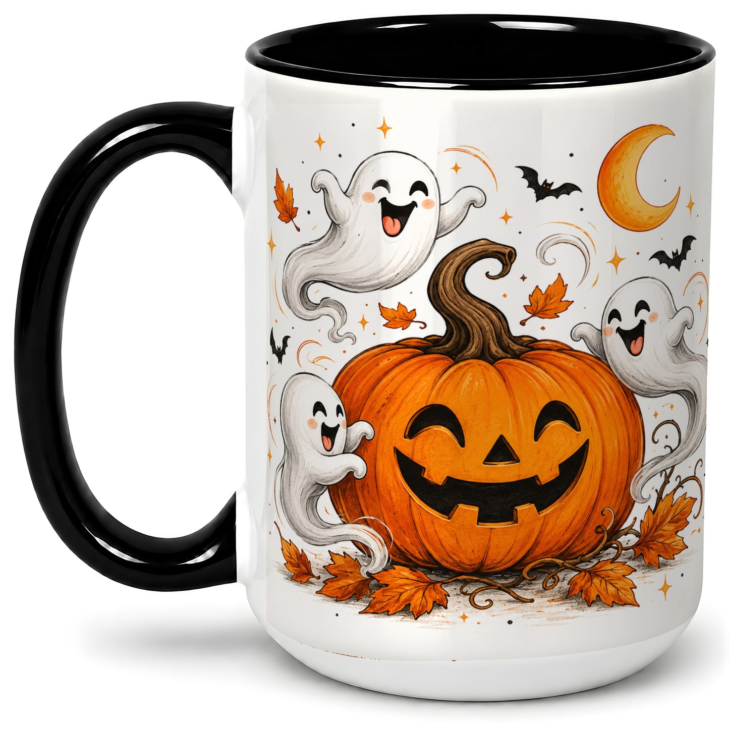#pl[15oz|Black] Cute Pumpkin Ghost Ceramic Mug, Halloween Art for Autumn Fans