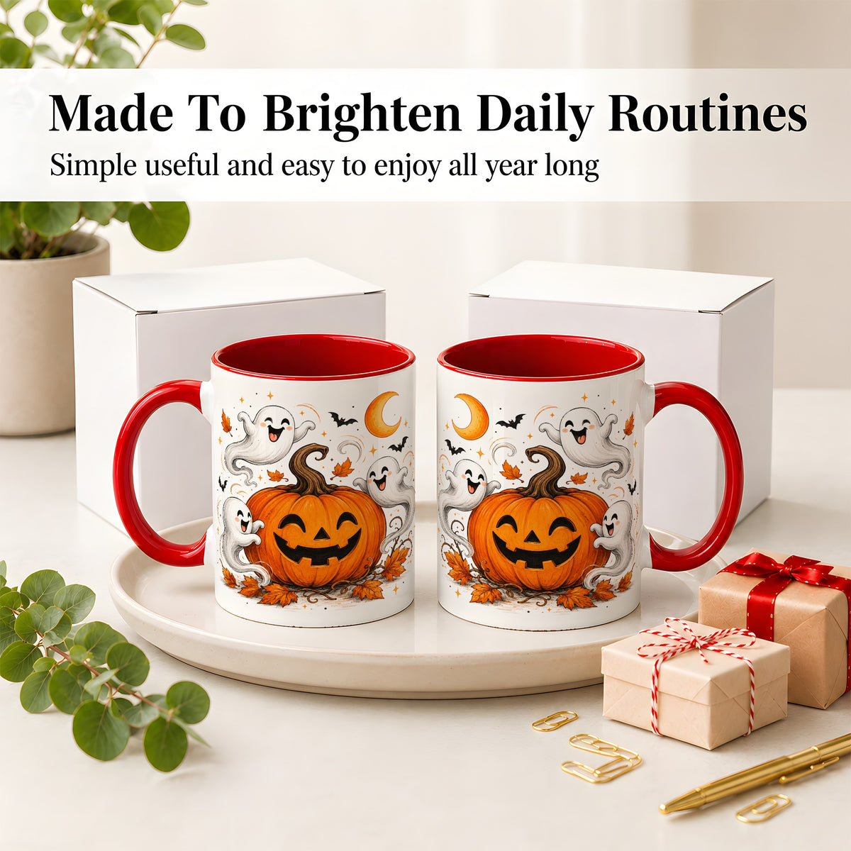 #pl[11oz|Red] Cute Pumpkin Ghost Ceramic Mug, Halloween Art for Autumn Fans