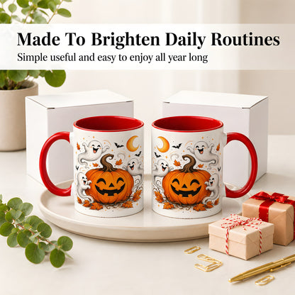 #pl[11oz|Red] Cute Pumpkin Ghost Ceramic Mug, Halloween Art for Autumn Fans