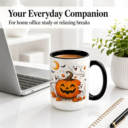 #pl[15oz|Black] Cute Pumpkin Ghost Ceramic Mug, Halloween Art for Autumn Fans