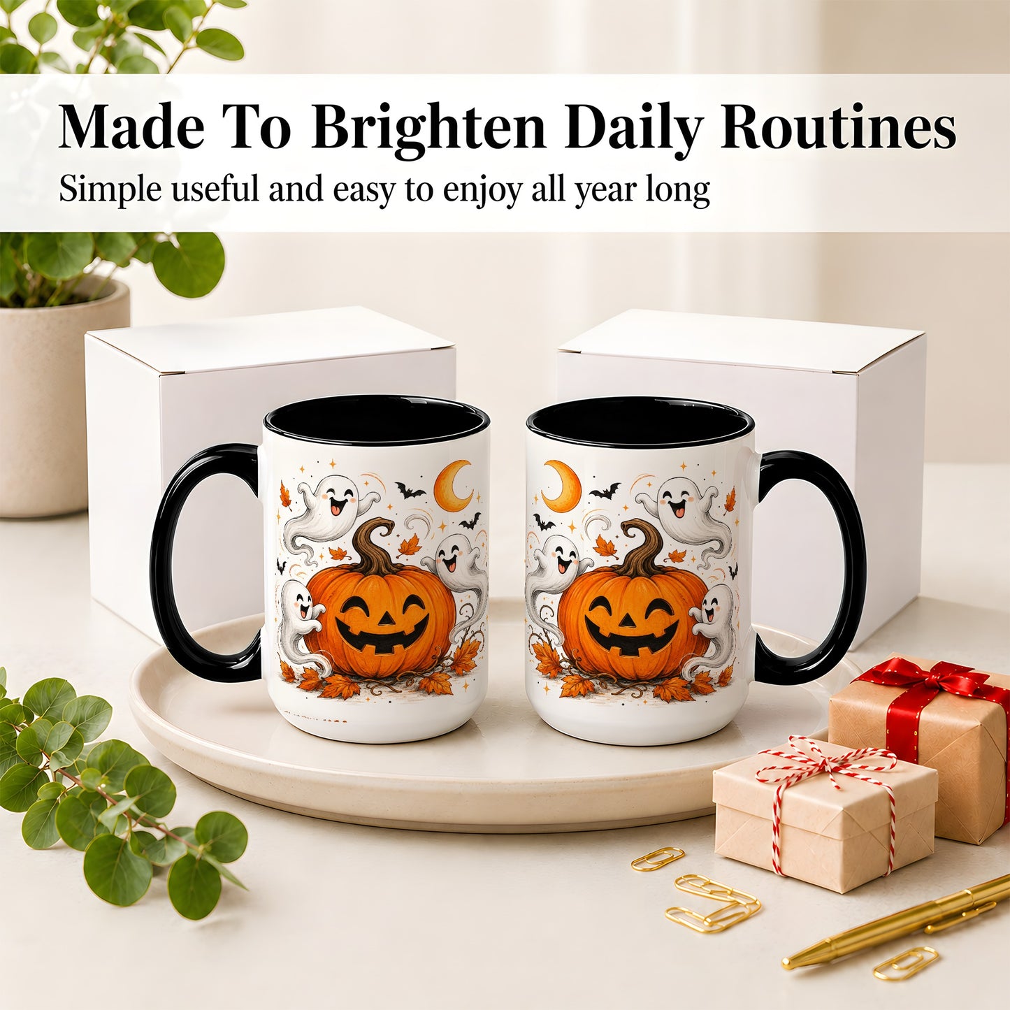 #pl[15oz|Black] Cute Pumpkin Ghost Ceramic Mug, Halloween Art for Autumn Fans