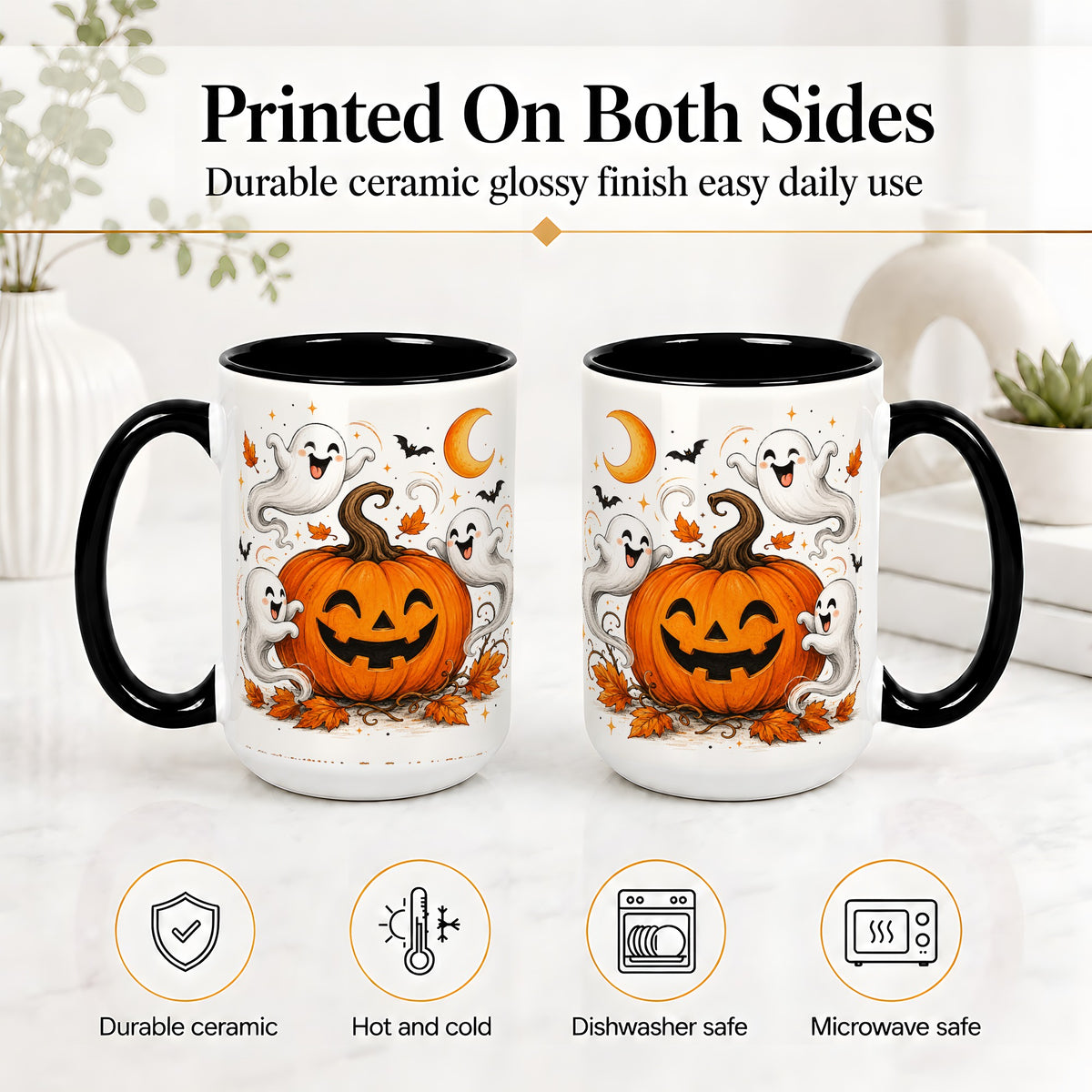 #pl[15oz|Black] Cute Pumpkin Ghost Ceramic Mug, Halloween Art for Autumn Fans