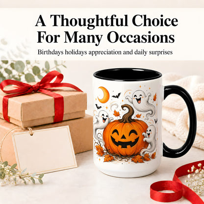 #pl[15oz|Black] Cute Pumpkin Ghost Ceramic Mug, Halloween Art for Autumn Fans