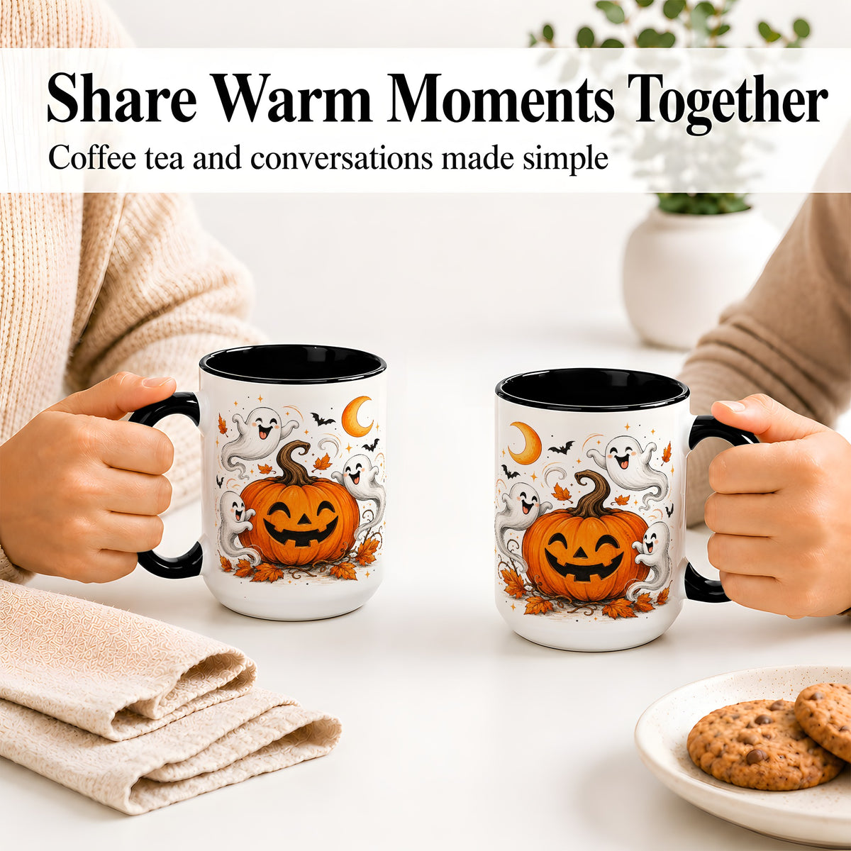 #pl[15oz|Black] Cute Pumpkin Ghost Ceramic Mug, Halloween Art for Autumn Fans