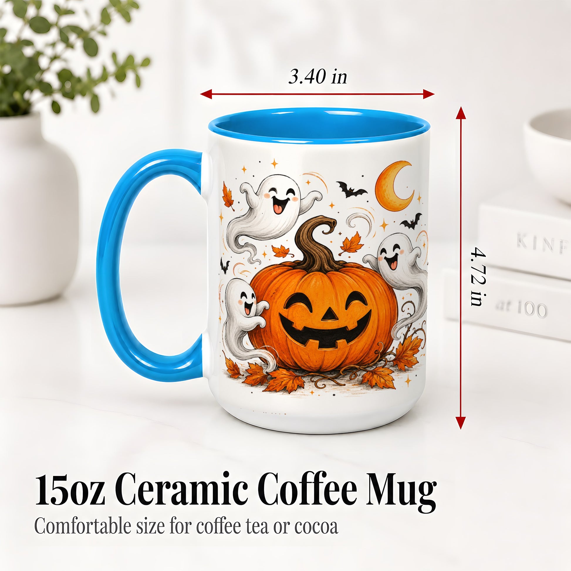 #pl[15oz|Blue] Cute Pumpkin Ghost Ceramic Mug, Halloween Art for Autumn Fans