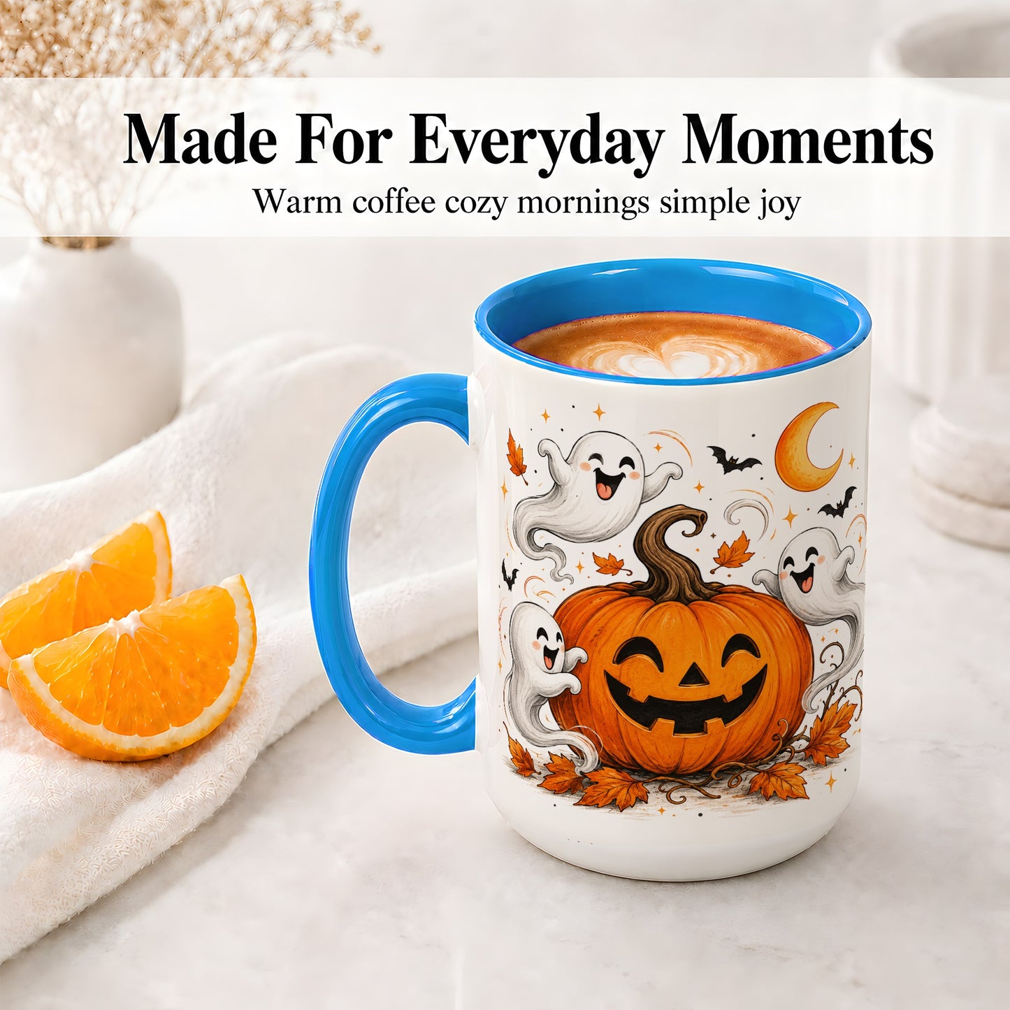 #pl[15oz|Blue] Cute Pumpkin Ghost Ceramic Mug, Halloween Art for Autumn Fans