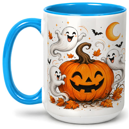 #pl[15oz|Blue] Cute Pumpkin Ghost Ceramic Mug, Halloween Art for Autumn Fans