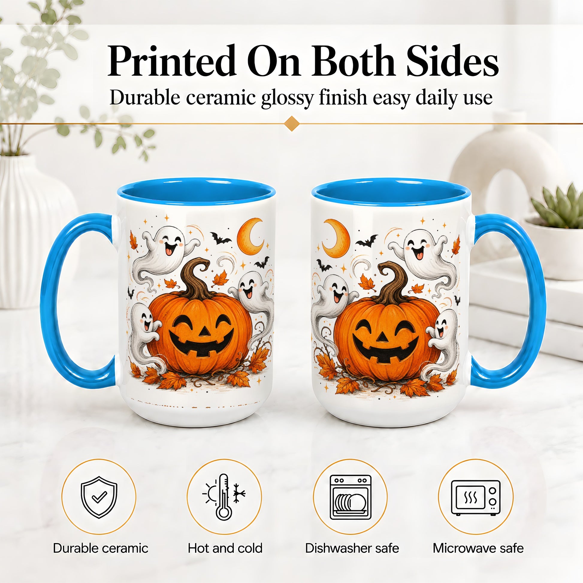 #pl[15oz|Blue] Cute Pumpkin Ghost Ceramic Mug, Halloween Art for Autumn Fans
