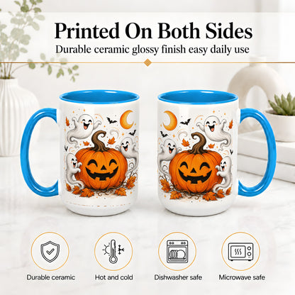 #pl[15oz|Blue] Cute Pumpkin Ghost Ceramic Mug, Halloween Art for Autumn Fans