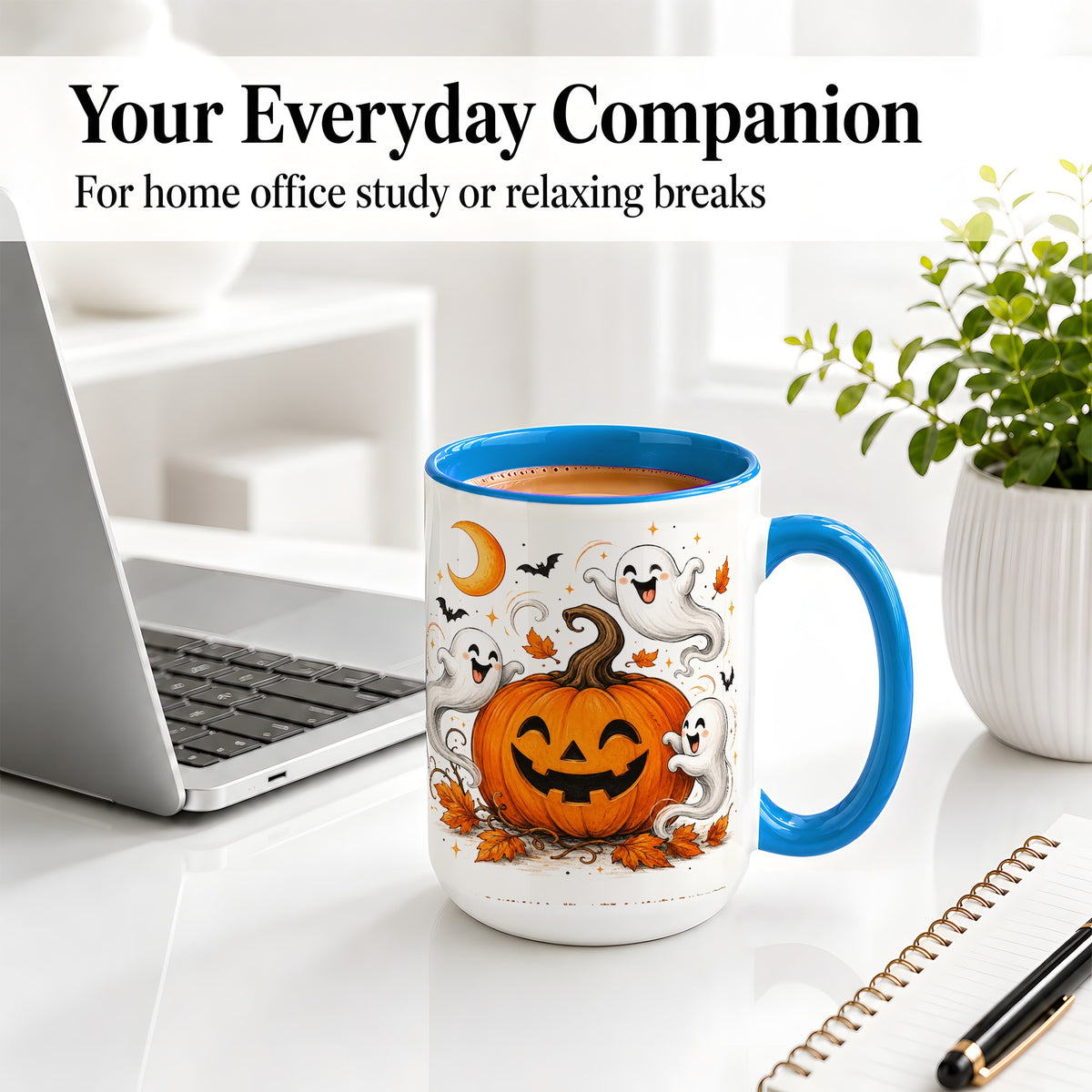 #pl[15oz|Blue] Cute Pumpkin Ghost Ceramic Mug, Halloween Art for Autumn Fans