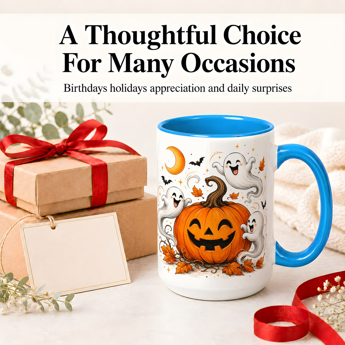 #pl[15oz|Blue] Cute Pumpkin Ghost Ceramic Mug, Halloween Art for Autumn Fans