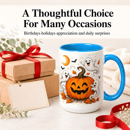 #pl[15oz|Blue] Cute Pumpkin Ghost Ceramic Mug, Halloween Art for Autumn Fans