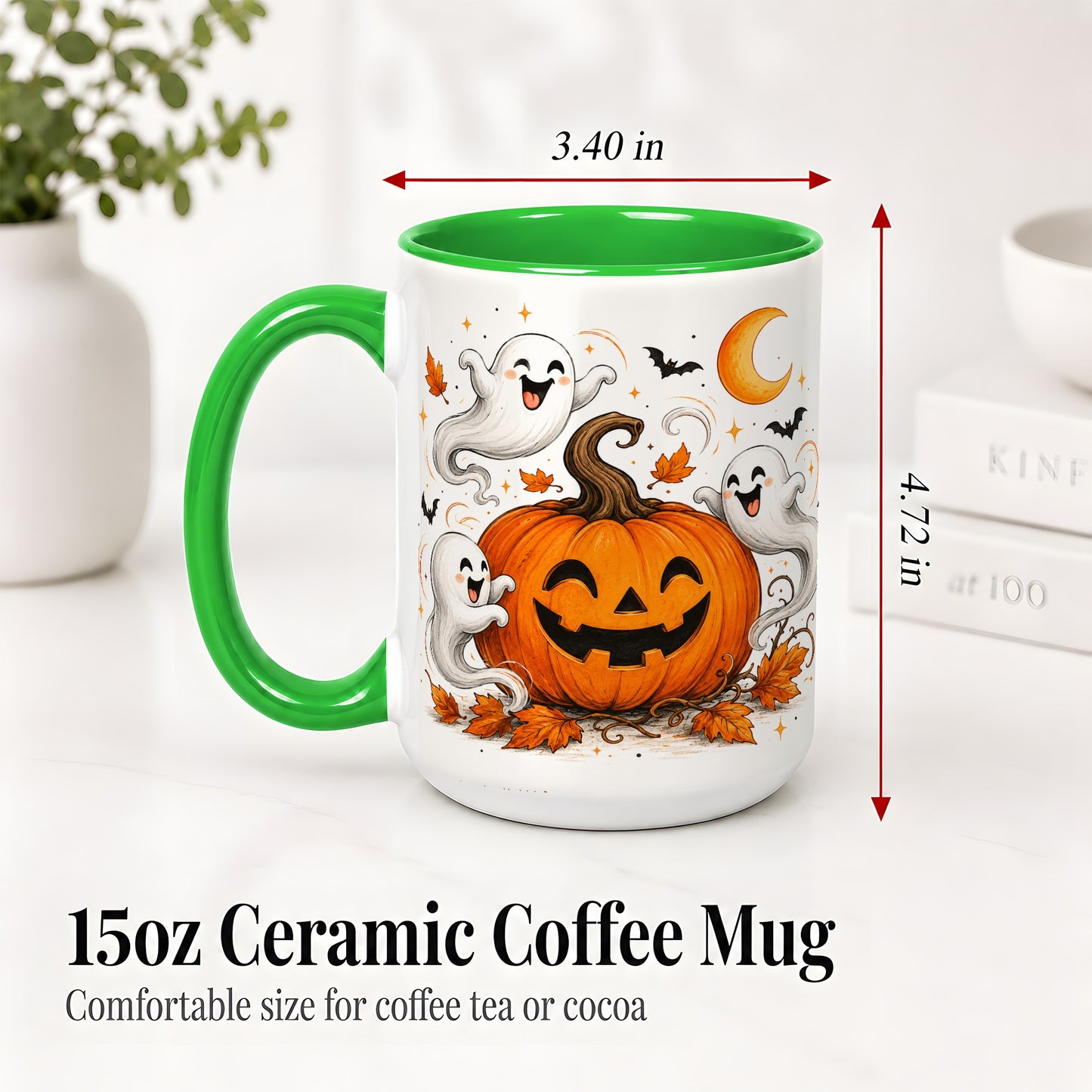 #pl[15oz|Green] Cute Pumpkin Ghost Ceramic Mug, Halloween Art for Autumn Fans