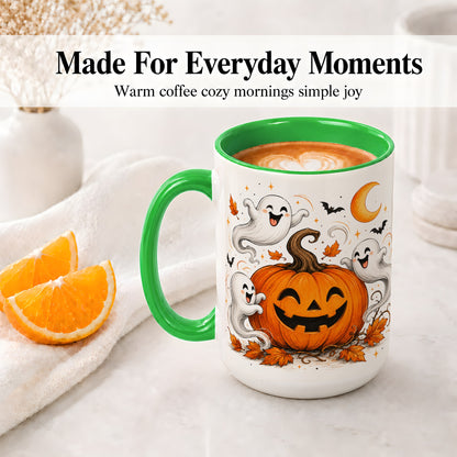 #pl[15oz|Green] Cute Pumpkin Ghost Ceramic Mug, Halloween Art for Autumn Fans