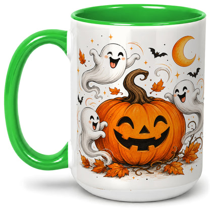 #pl[15oz|Green] Cute Pumpkin Ghost Ceramic Mug, Halloween Art for Autumn Fans
