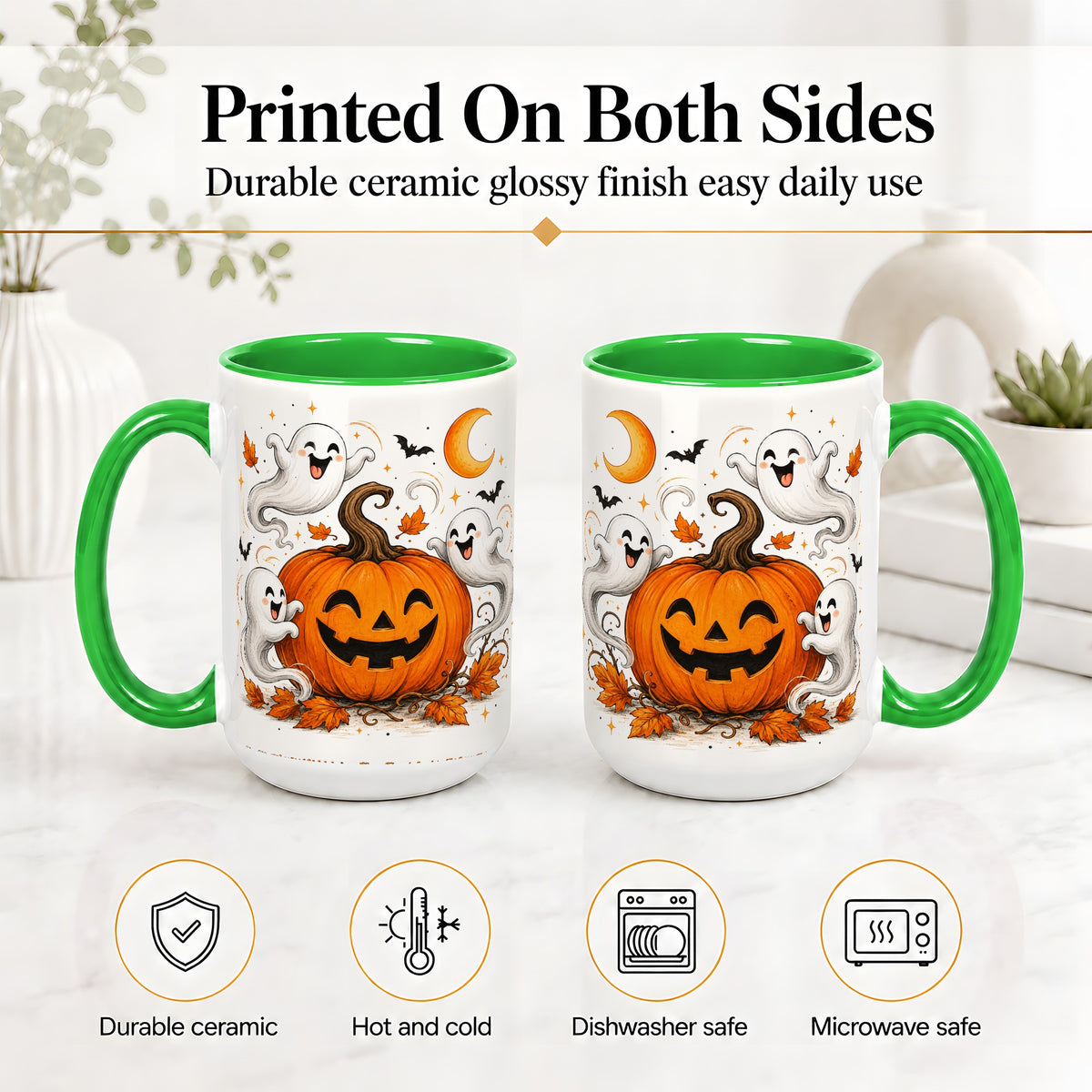 #pl[15oz|Green] Cute Pumpkin Ghost Ceramic Mug, Halloween Art for Autumn Fans