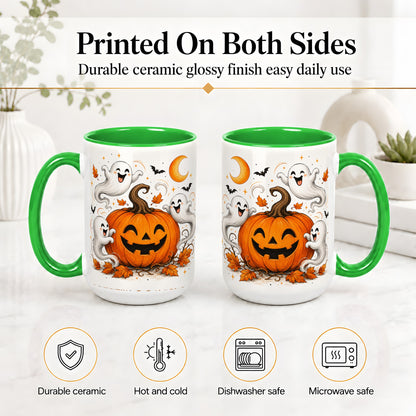 #pl[15oz|Green] Cute Pumpkin Ghost Ceramic Mug, Halloween Art for Autumn Fans