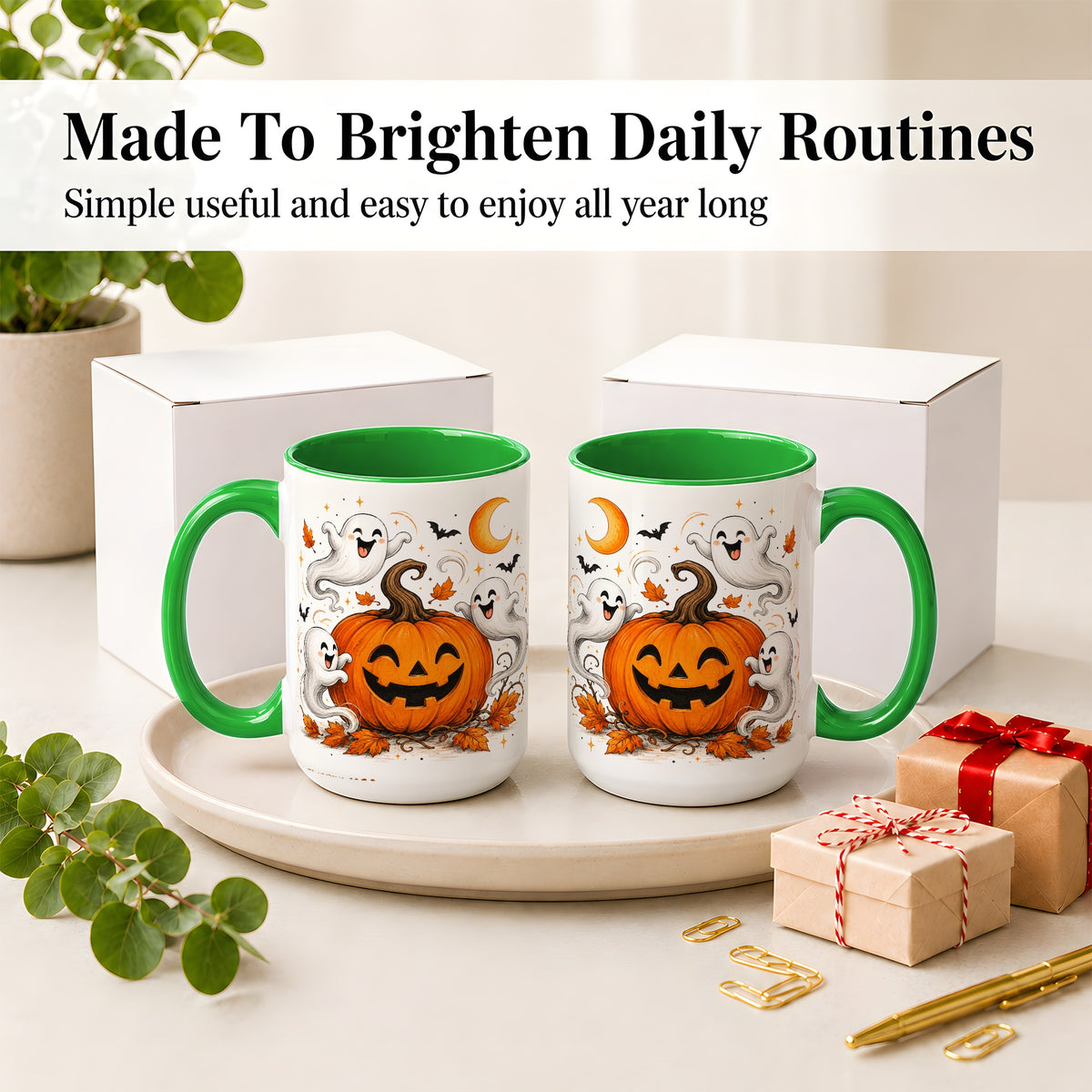 #pl[15oz|Green] Cute Pumpkin Ghost Ceramic Mug, Halloween Art for Autumn Fans