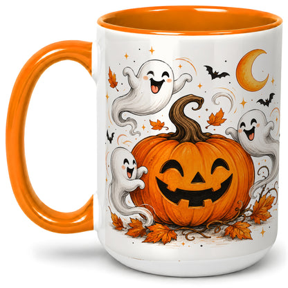 #pl[15oz|Orange] Cute Pumpkin Ghost Ceramic Mug, Halloween Art for Autumn Fans