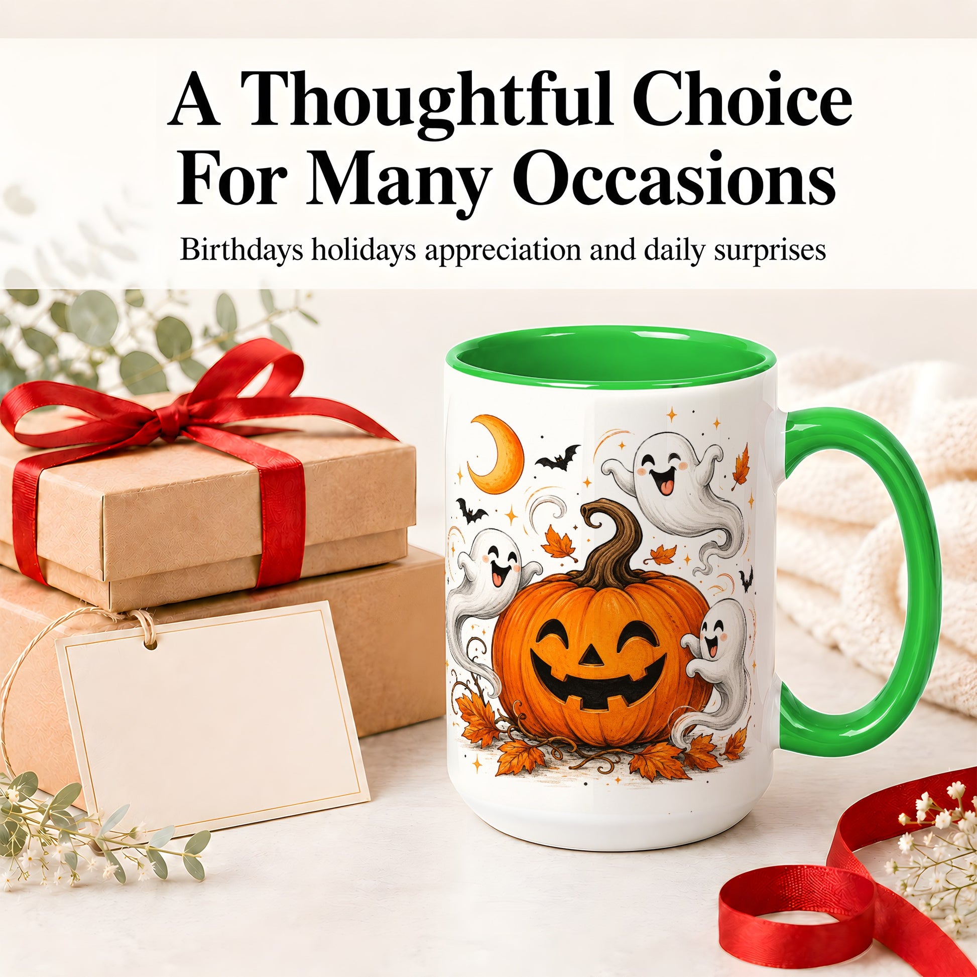 #pl[15oz|Green] Cute Pumpkin Ghost Ceramic Mug, Halloween Art for Autumn Fans