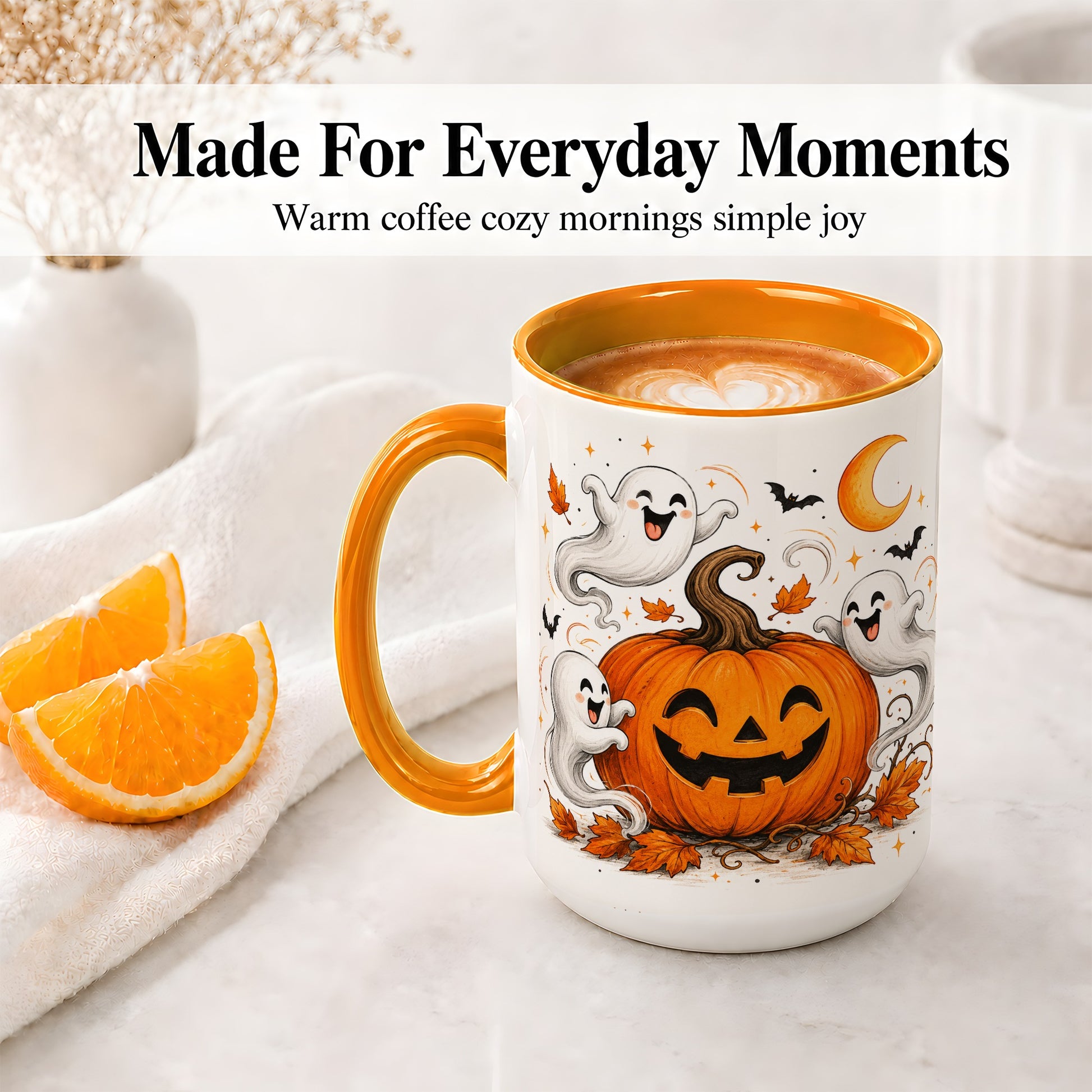 #pl[15oz|Orange] Cute Pumpkin Ghost Ceramic Mug, Halloween Art for Autumn Fans