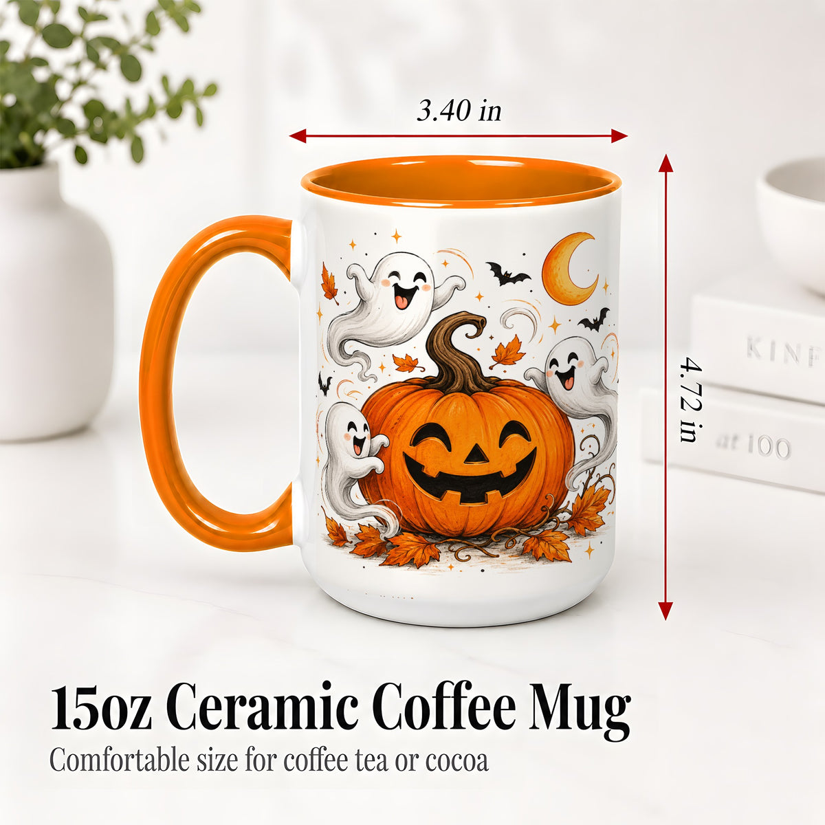 #pl[15oz|Orange] Cute Pumpkin Ghost Ceramic Mug, Halloween Art for Autumn Fans