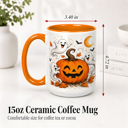 #pl[15oz|Orange] Cute Pumpkin Ghost Ceramic Mug, Halloween Art for Autumn Fans