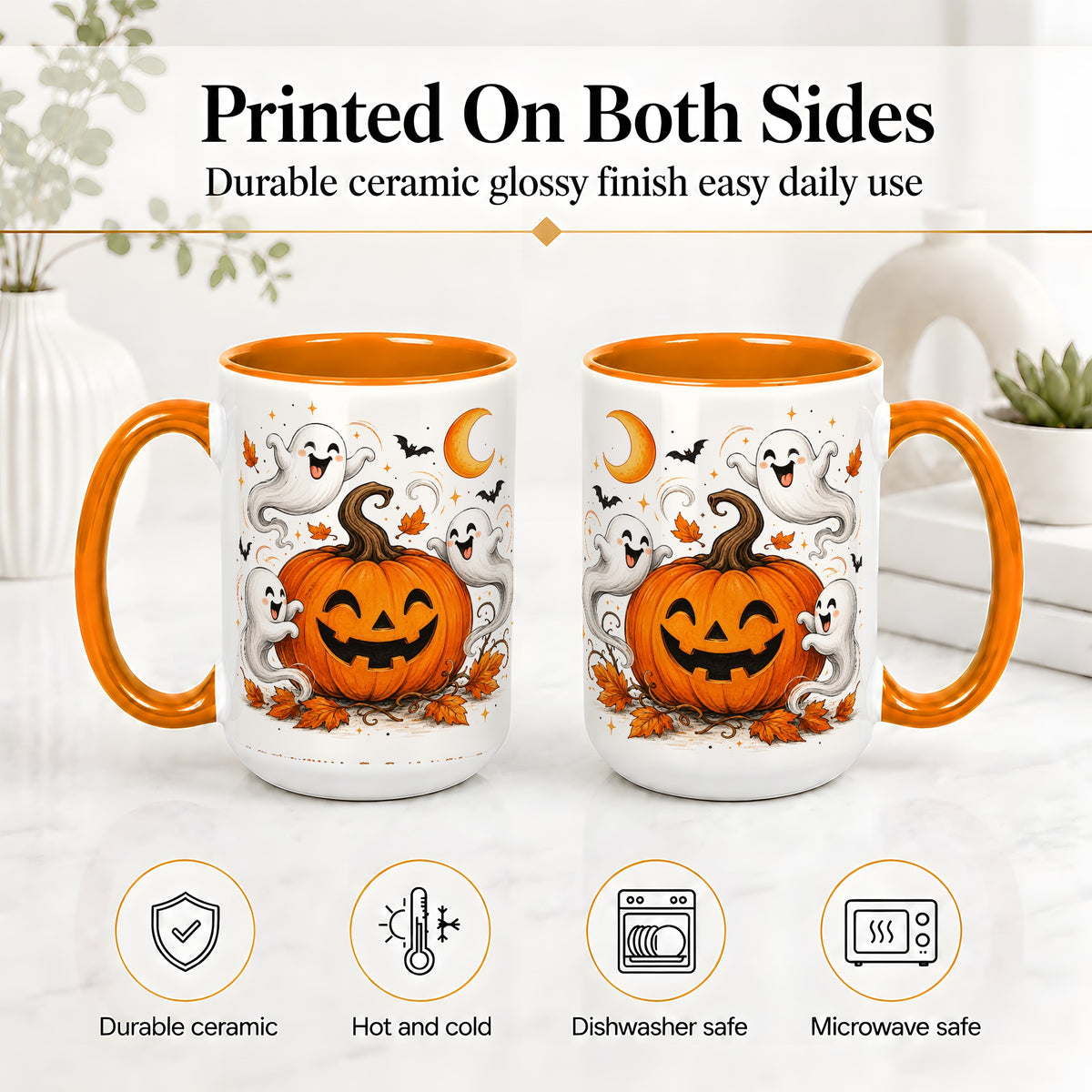 #pl[15oz|Orange] Cute Pumpkin Ghost Ceramic Mug, Halloween Art for Autumn Fans