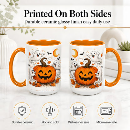 #pl[15oz|Orange] Cute Pumpkin Ghost Ceramic Mug, Halloween Art for Autumn Fans
