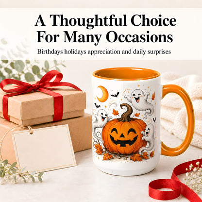 #pl[15oz|Orange] Cute Pumpkin Ghost Ceramic Mug, Halloween Art for Autumn Fans