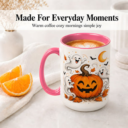 #pl[15oz|Pink] Cute Pumpkin Ghost Ceramic Mug, Halloween Art for Autumn Fans