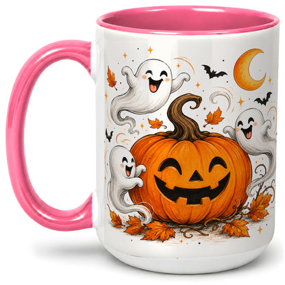 #pl[15oz|Pink] Cute Pumpkin Ghost Ceramic Mug, Halloween Art for Autumn Fans