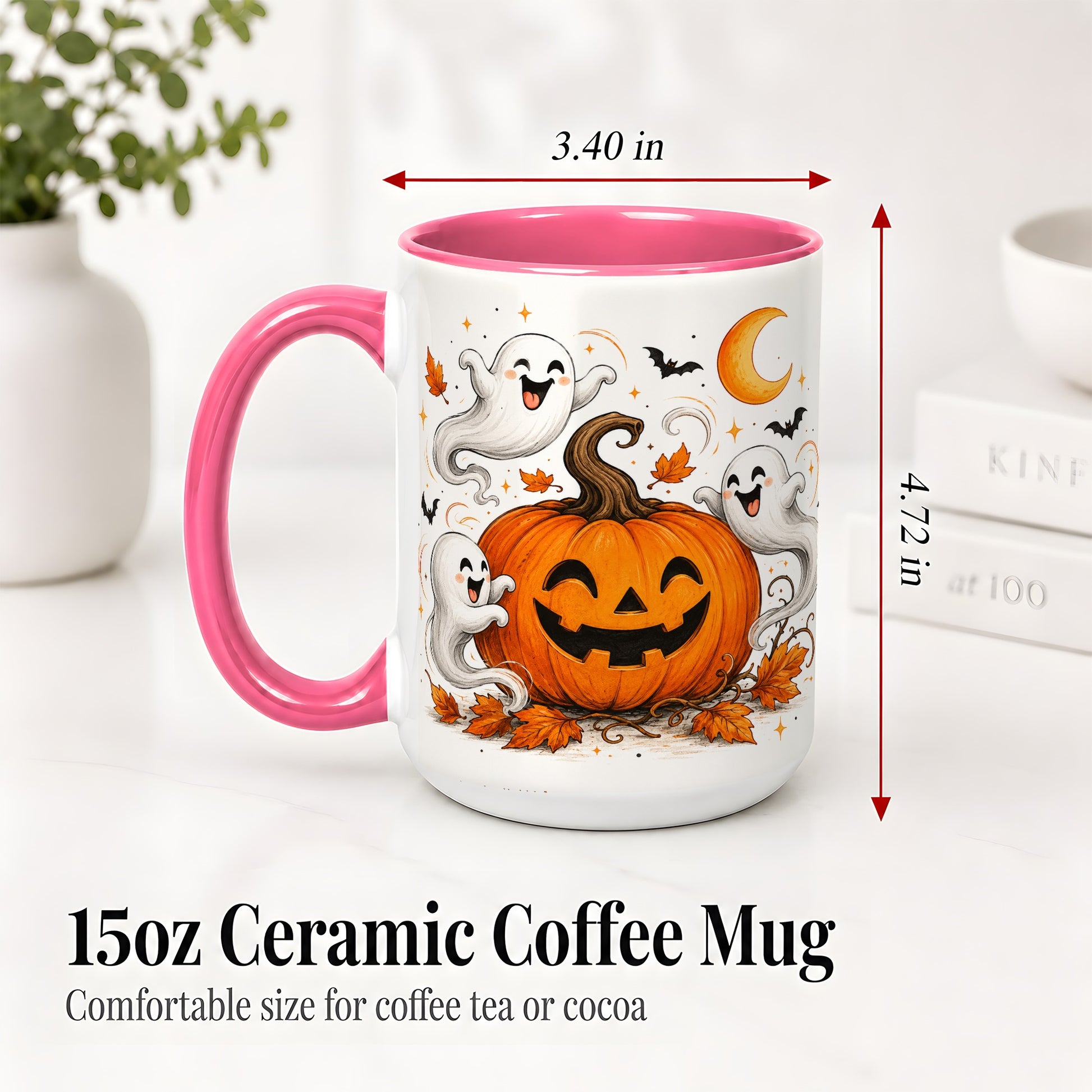 #pl[15oz|Pink] Cute Pumpkin Ghost Ceramic Mug, Halloween Art for Autumn Fans