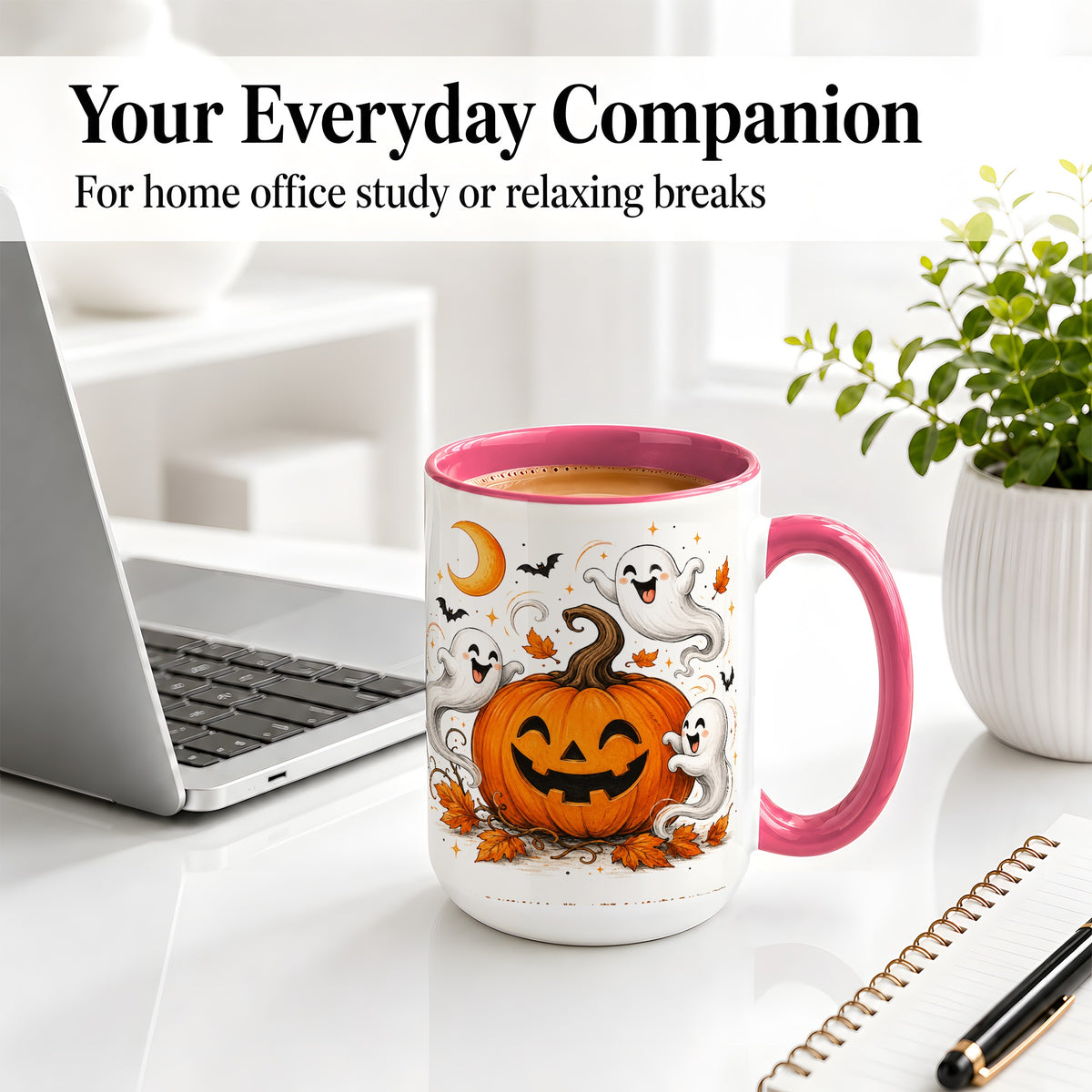 #pl[15oz|Pink] Cute Pumpkin Ghost Ceramic Mug, Halloween Art for Autumn Fans