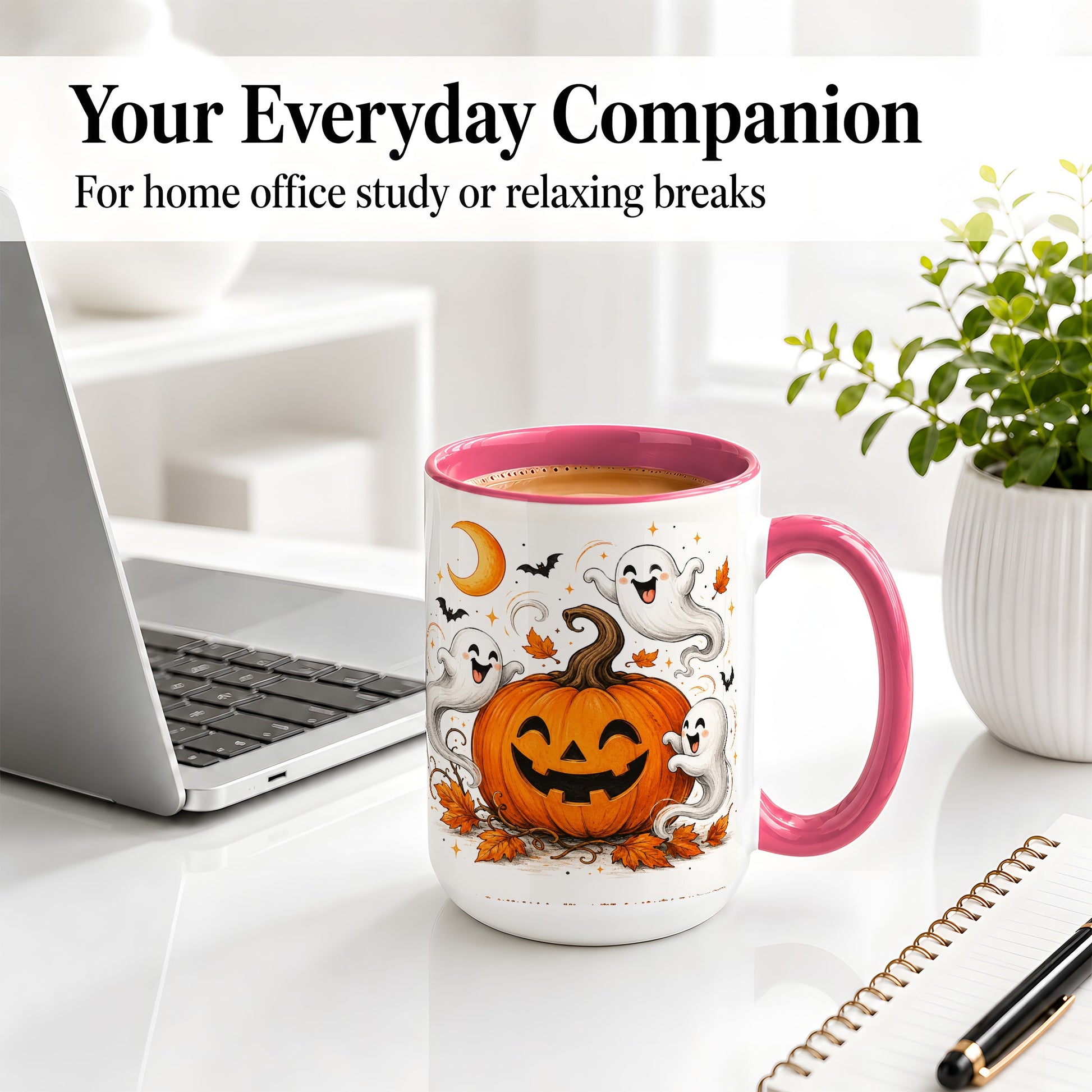 #pl[15oz|Pink] Cute Pumpkin Ghost Ceramic Mug, Halloween Art for Autumn Fans