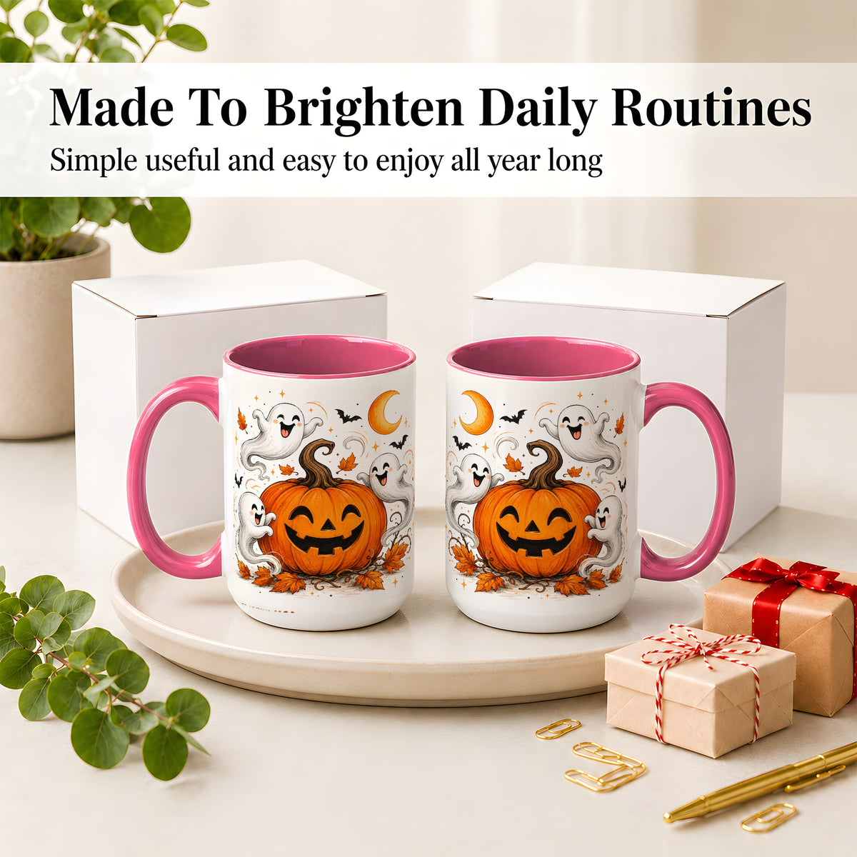 #pl[15oz|Pink] Cute Pumpkin Ghost Ceramic Mug, Halloween Art for Autumn Fans